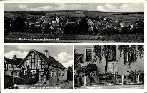 Ak Humprechtshausen Riedbach Unterfranken, Totalansicht, Bäckerei Philipp Storch, Kriegerdenkmal