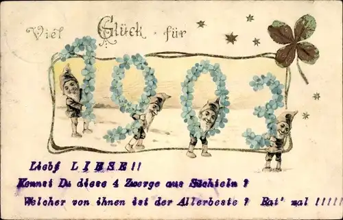Präge Litho Glückwunsch Neujahr, Jahreszahl 1903, Zwerge, Kleeblatt, Vergissmeinnichtblüten, Sterne