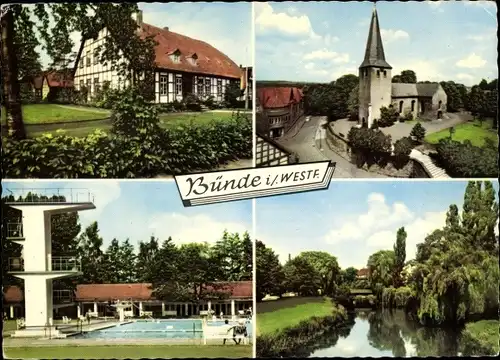 Ak Bünde in Westfalen, Kirche, Fachwerkhaus, Schwimmbad, Flusspartie