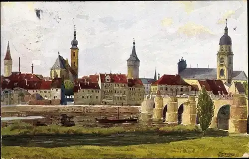 Künstler Ak Marschall, J., Kitzingen in Mainfranken Bayern, Stadt, Brücke