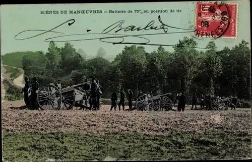 Ak Scenes de Manoeuvres, Batterie de 75 mm en position de tir