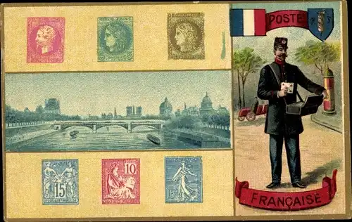 Briefmarken Ak Carte Philatélique JC Paris, avec Timbres Français et Portrait d´un Postier et Pont