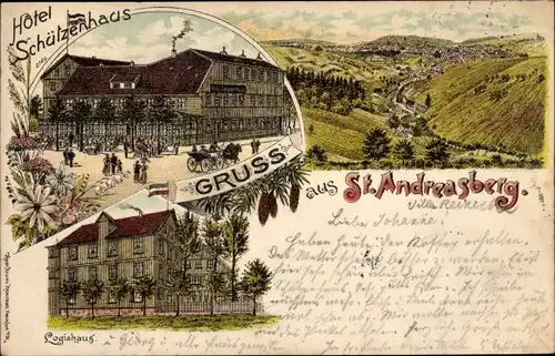 Litho Sankt Andreasberg im Oberharz, Logishaus, Hotel Schützenhaus, Panorama vom Ort