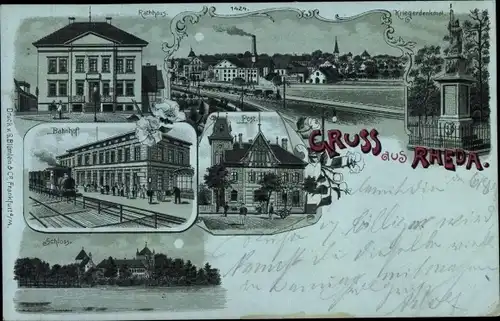 Mondschein Litho Mondschein Rheda Wiedenbrück Westfalen, Rathaus, Bahnhof, Schloss, Kriegerdenkmal