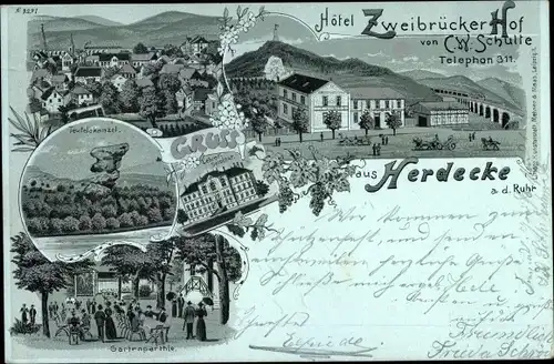 Litho Mondschein Herdecke an der Ruhr, Zweibrücker Hof, Außenansicht, Teufelskanzel, Gartenpartie