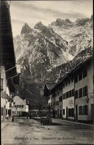 Ak Mittenwald in Oberbayern, Untermarkt mit Karwendel