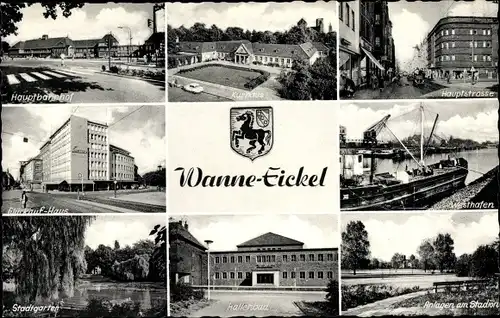 Ak Wanne Herne im Ruhrgebiet, Wappen, Kurhaus, Hallenbau, Glückauf Haus