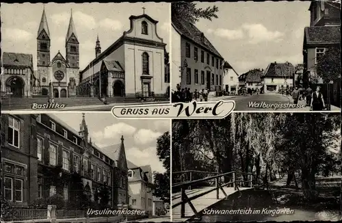 Ak Werl in Westfalen, Basilika, Ursulinenkloster, Walburgisstraße, Schwanenteich