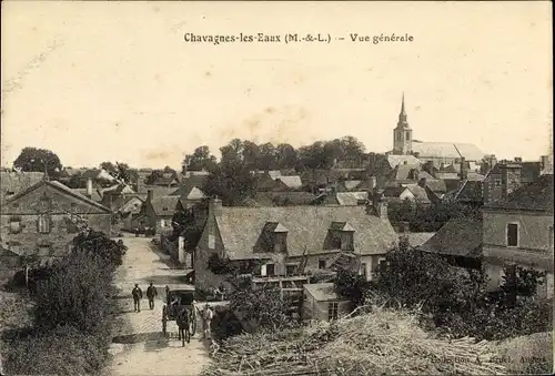 Ak Chavagnes les Eaux Maine et Loire, vue générale, eglise, charrette à cheval