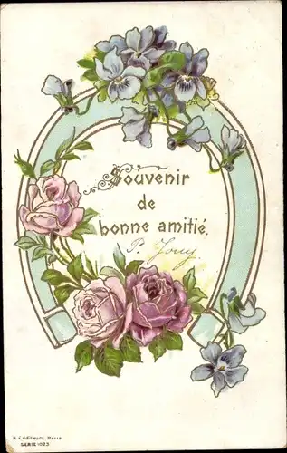 Präge Litho Hufeisen mit Blumen