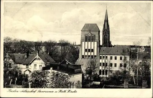 Ak Berlin Treptow Adlershof, Panorama und katholische Kirche, Nipkowstraße