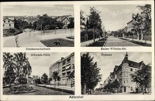 Ak Berlin Treptow Adlershof, Genossenschaftsstraße, Kaiser Wilhelm Straße, Schmuckplatz, Postamt