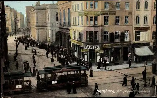 Ak Hamburg, Adolphplatz mit Börse, Straßenbahn