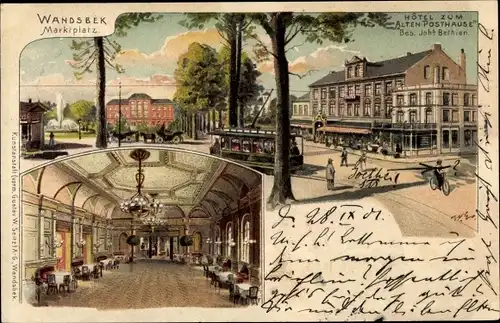 Litho Hamburg Wandsbek, Marktplatz, Hotel zum alten Posthaus