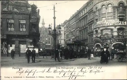 Ak Hamburg, Ecke Rödingsmarkt und Graskeller, Straßenbahn 16 Richtung Hoheluft