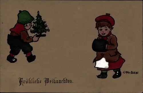 Künstler Ak Diehl, Carl, Glückwunsch Weihnachten, Junge mit Tannenbaum, Mädchen
