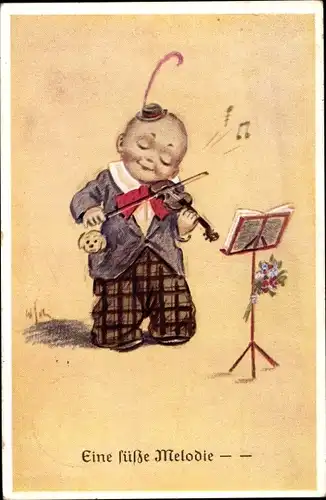 Ak Kind spielt Violine, Notenständer, Eine süße Melodie