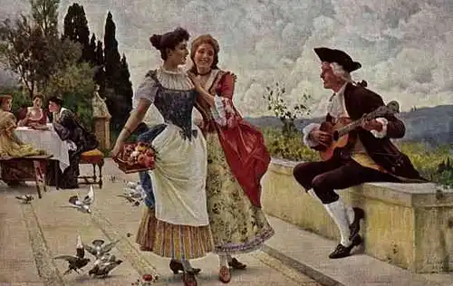 Künstler Ak Andreotti, F., Zwei begesisterte von Musik Damen, Gitarrenspiel, Ein keckes Lied