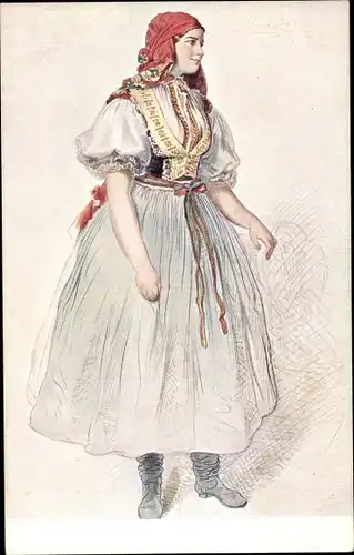 Künstler Ak Manes, J., Frau in tschechischer Tracht, Devce z Bilovic, Jeune fille de Bilovice