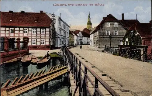 Ak Lübbenau im Spreewald, Hauptstraße mit Brücke, Boote