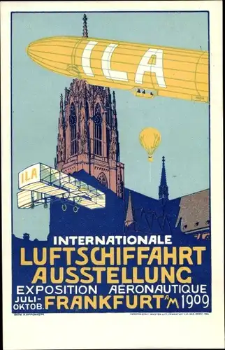Künstler Ak Internationale Luftschifffahrt Ausstellung Frankfurt am Main 1909, Zeppelin, Flugzeug