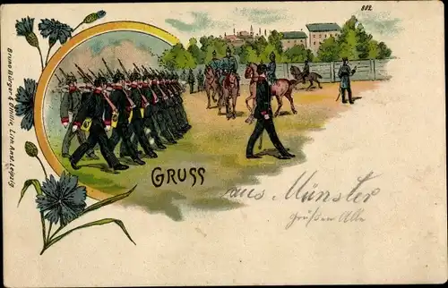 Litho Marschierende Soldaten, Reiter