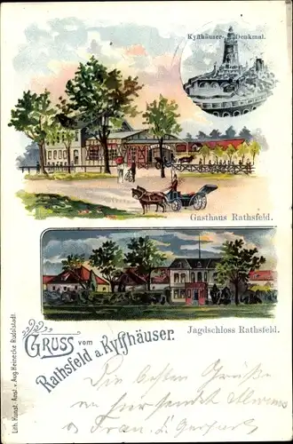 Litho Rathsfeld Steinthaleben am Kyffhäuser in Thüringen, Kyffhäuserdenkmal, Gasthaus, Jagdschloss