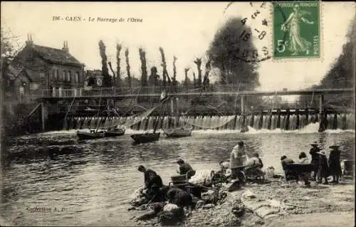 Ak Caen Calvados, Le Barrage de l´Orne, Laveuses et Barques de Pêcheurs avec Filets