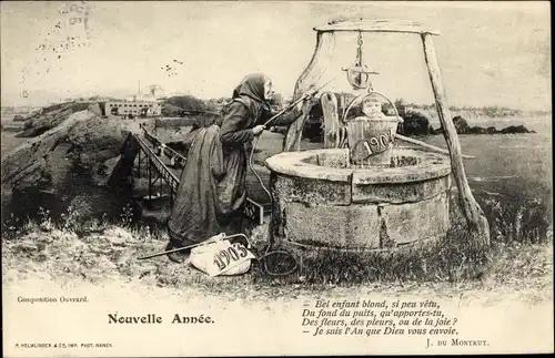 Ak Glückwunsch Neujahr, Nouvelle Annee 1903, Alte Frau zieht Eimer mit Kind aus Brunnen, Gedicht