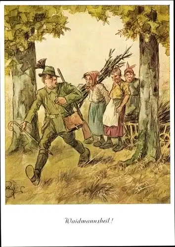 Künstler Ak Geilfus, H., Waidmannsheil, Alte Frauen beim Holz holen treffen Jäger im Wald
