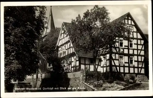 Ak Mehren im Westerwald, Blick auf die Kirche, Fachwerkhaus