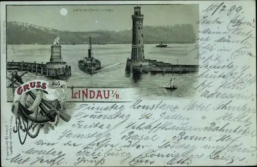 Mondschein Litho Lindau am Bodensee Schwaben, Hafeneinfahrt