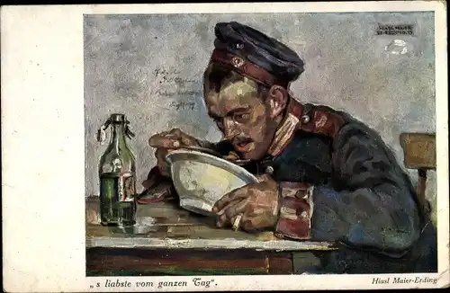 Künstler Ak Maier Erding, Hiasl, s liabste vom ganzen Tag, Soldat beim Essen