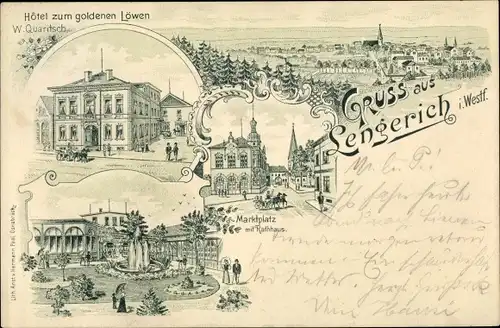 Litho Lengerich in Westfalen, Marktplatz, Rathaus, Hotel zum goldenen Löwen