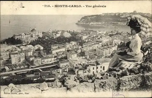 Ak Monte Carlo Monaco, Vue générale, Frau mit Sonnenschirm