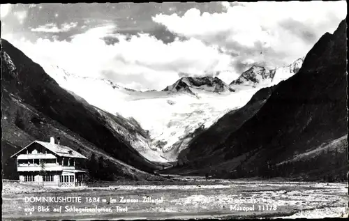 Ak Tirol Ötserreich, Dominikushütte im Zamser Zillertal und Blick auf Schlegeisenferner