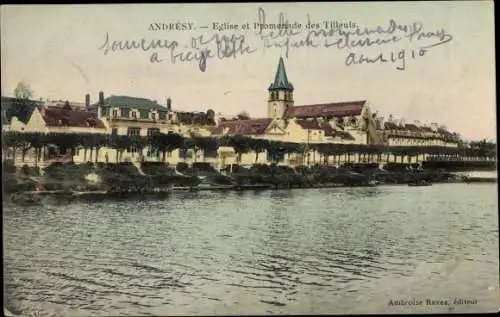 Ak Andresy Yvelines, Eglise et Promenade des Tilleuls