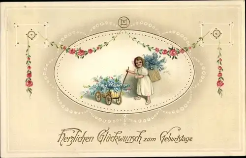 Ak Glückwunsch Geburtstag, Kind mit Handwagen, Vergissmeinnicht, Rosen