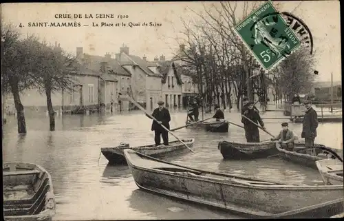 Ak Saint Mammès Seine et Marne, La Place et le Quai de Seine, Crue de la Seine