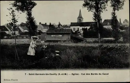 Ak Saint Germain les Couilly Seine et Marne, Église, Vue des Bords du Canal