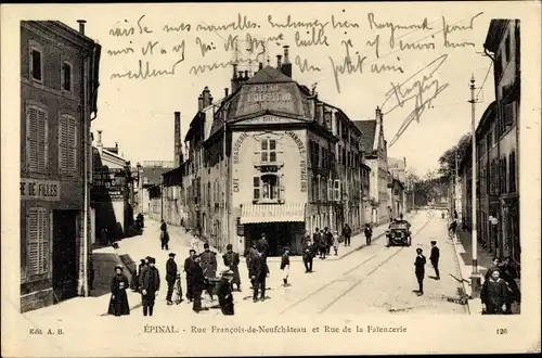 Ak Épinal Lothringen Vosges, Rue Francois de Neufchateau et Rue de la Faiencerie