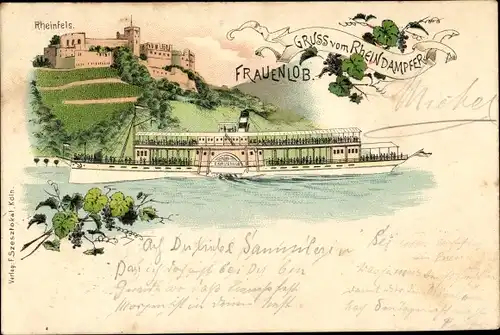 Litho Rheindampfer Frauenlob, Burg Rheinfels