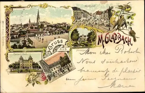 Litho Mönchengladbach im Ruhrgebiet, Marktplatz, Kaiserliches Bad, Kaiserpark, Bürgermeisteramt