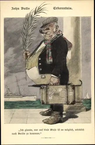 Künstler Ak John Bulls Erkenntnis, Karikatur, Reisekoffer, Palmwedel