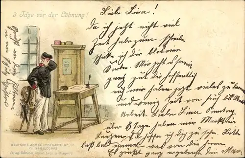 Präge Litho 3 Tage vor der Löhnung, Soldat mit leerem Port­mo­nee, Porträt Kaiser Wilhelm I.