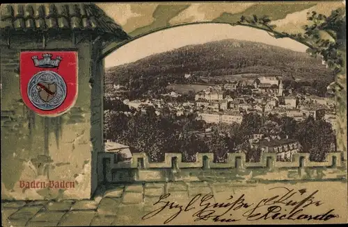 Passepartout Wappen Ak Baden Baden im Stadtkreis Baden Württemberg, Blick auf den Ort