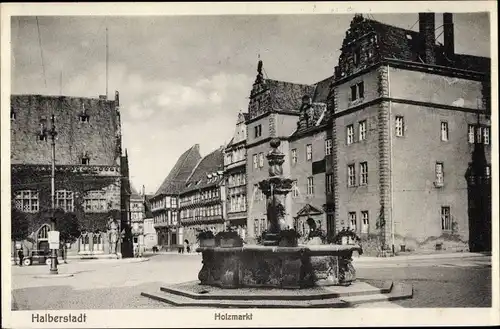 Ak Halberstadt Sachsen Anhalt, Holzmarkt, Brunnen, Rathaus