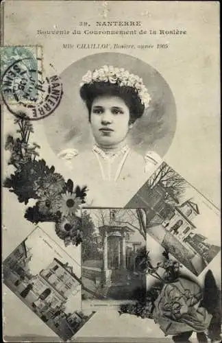 Ak Nanterre Hauts de Seine, Mlle Chaillou, Couronnement de la Rosiere anne 1905, La Mairie, Eglise