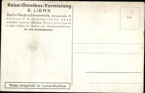 Ak Berlin Treptow Niederschöneweide, Reise Omnibus Vermietung E. Liers, Spreestraße 21