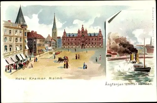 Litho Malmö Schweden, Hotel Kramer, Angfärjan lemnar Hamnen